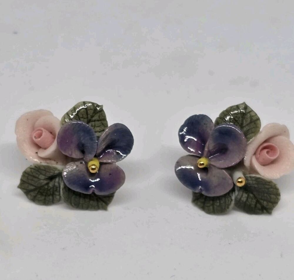 Vintage Bone China Dainty Little Pink And Purple Flowers Pierced Earrings